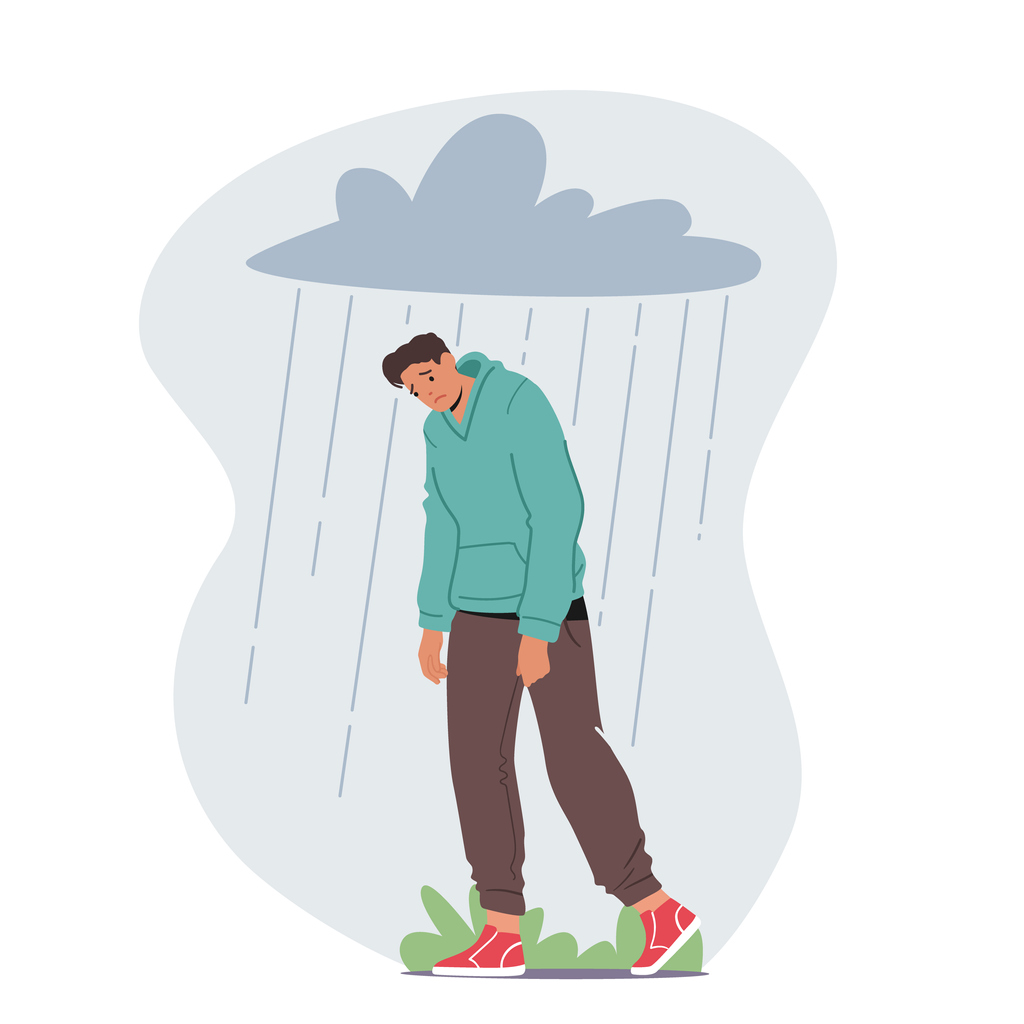 Depressed Anxious Man Suffer looking for treatment for schizoaffective disorder Feeling Frustrated Walking under Rainy Cloud above Head