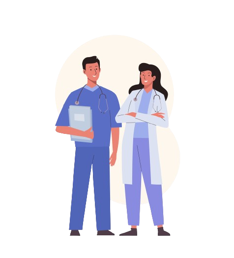 cartoon illustration of a female doctor with a male nurse discussing 2024 guide to common mental health medications