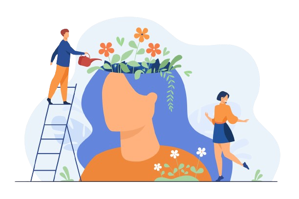 cartoon Illustration depicting a man on a ladder watering a garden of flowers in a womans head from the changes of receiving treatment for schizoaffective disorder with a smaller woman dancing next to her.